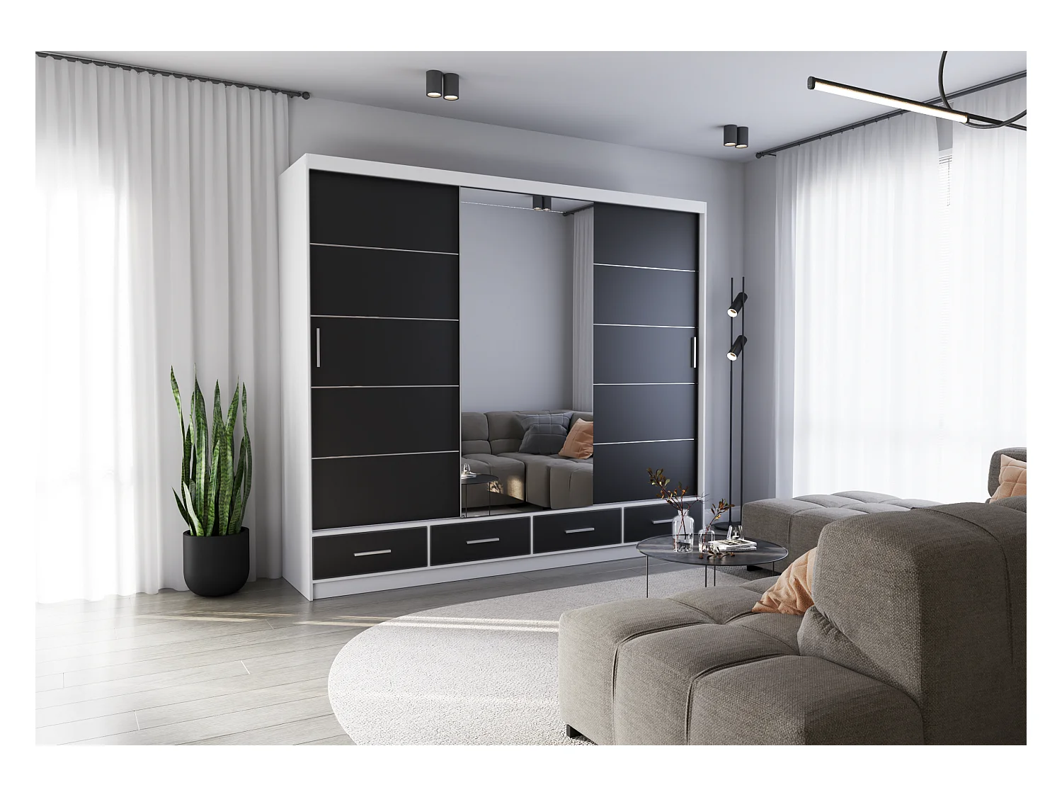 Armoire Silas 250 cm avec miroir - Blanc - Noir