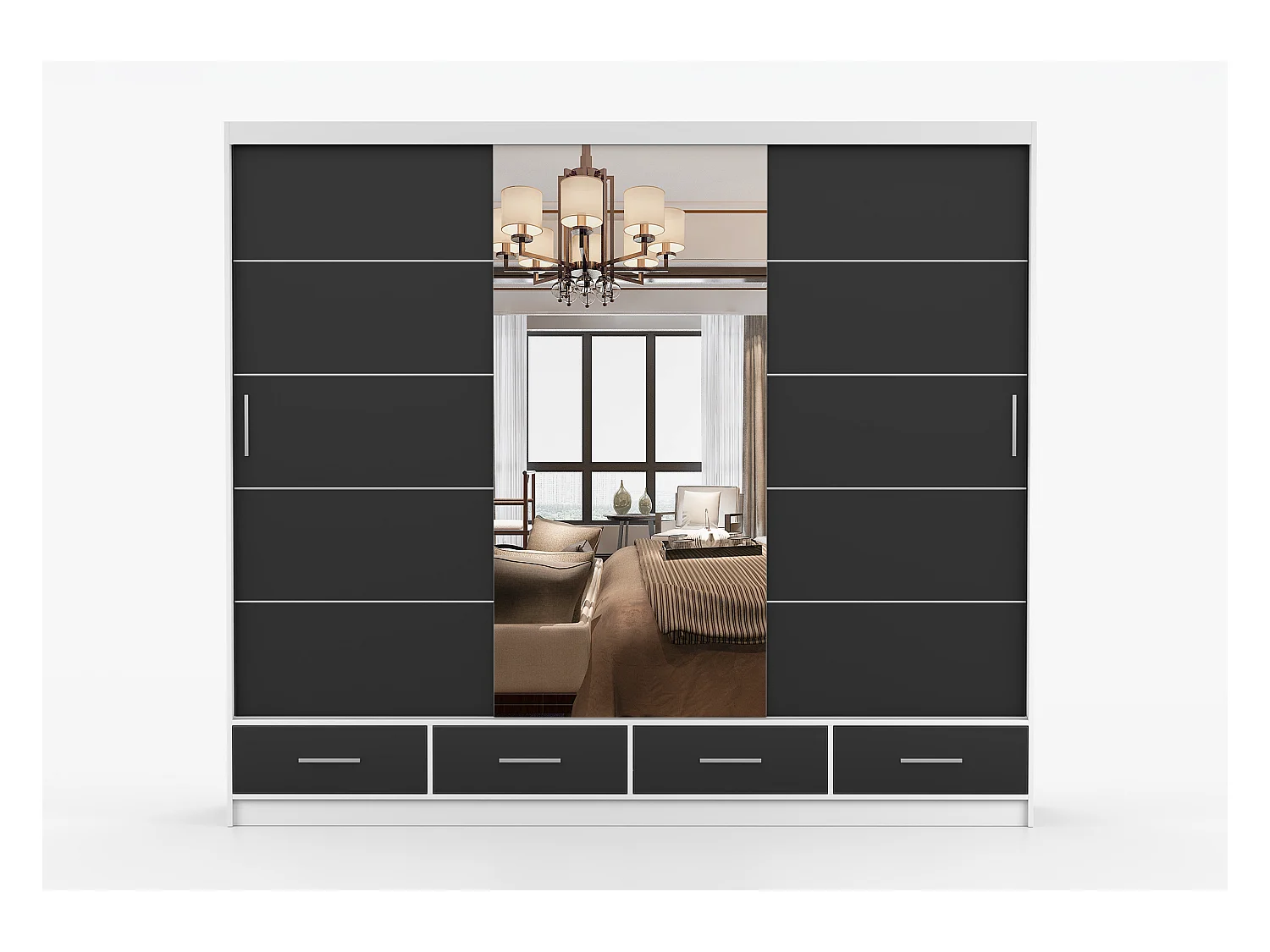 Armoire Silas 250 cm avec miroir - Blanc - Noir