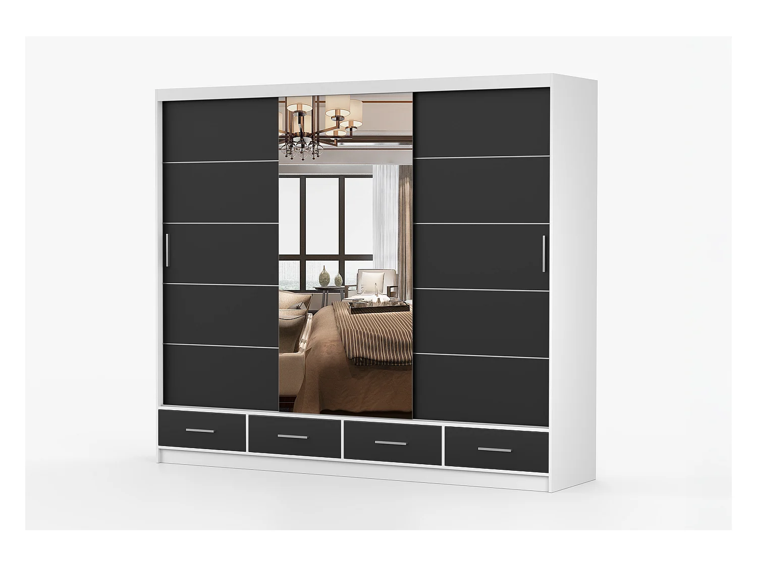 Armoire Silas 250 cm avec miroir - Blanc - Noir