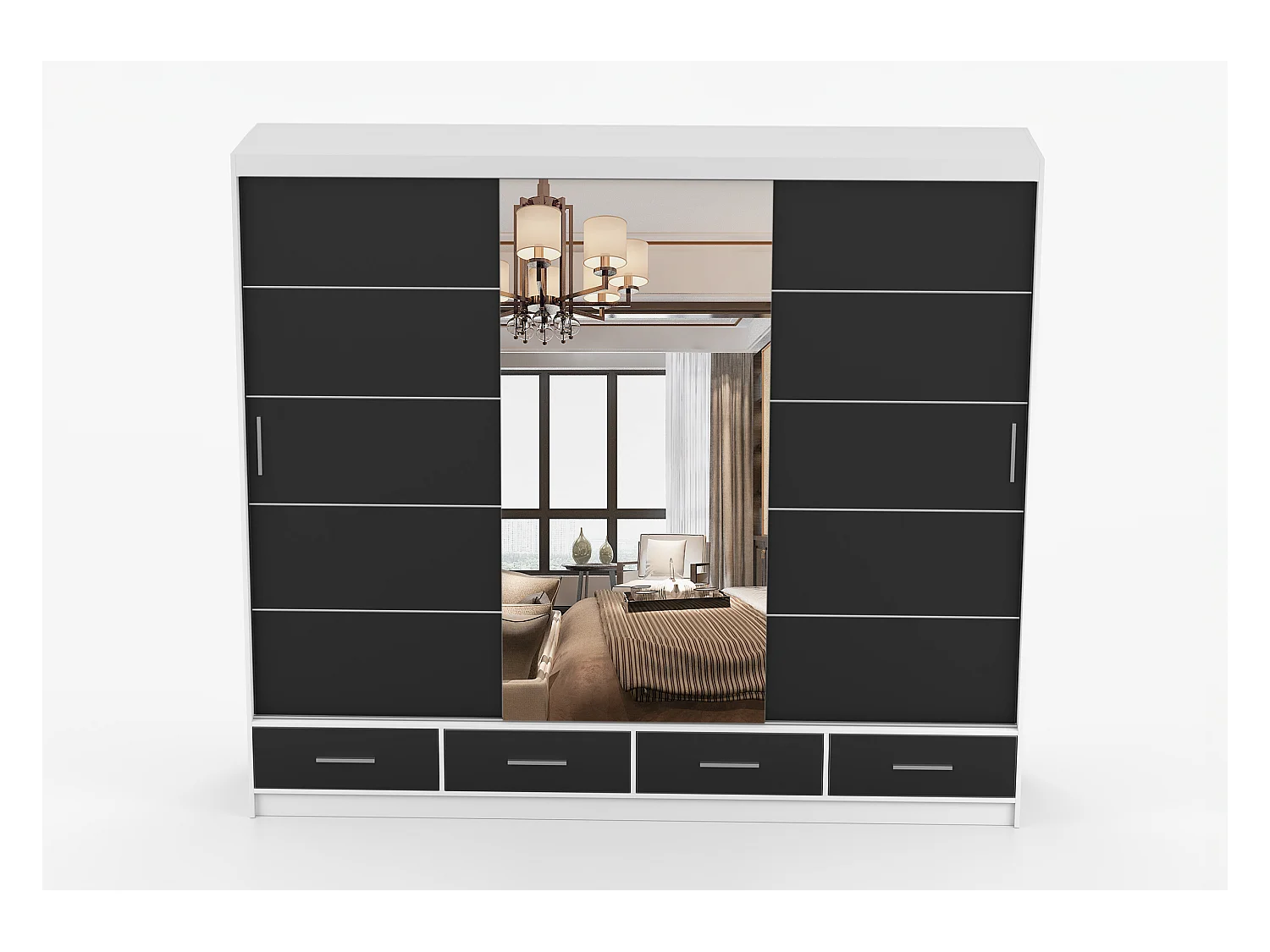 Armoire Silas 250 cm avec miroir - Blanc - Noir