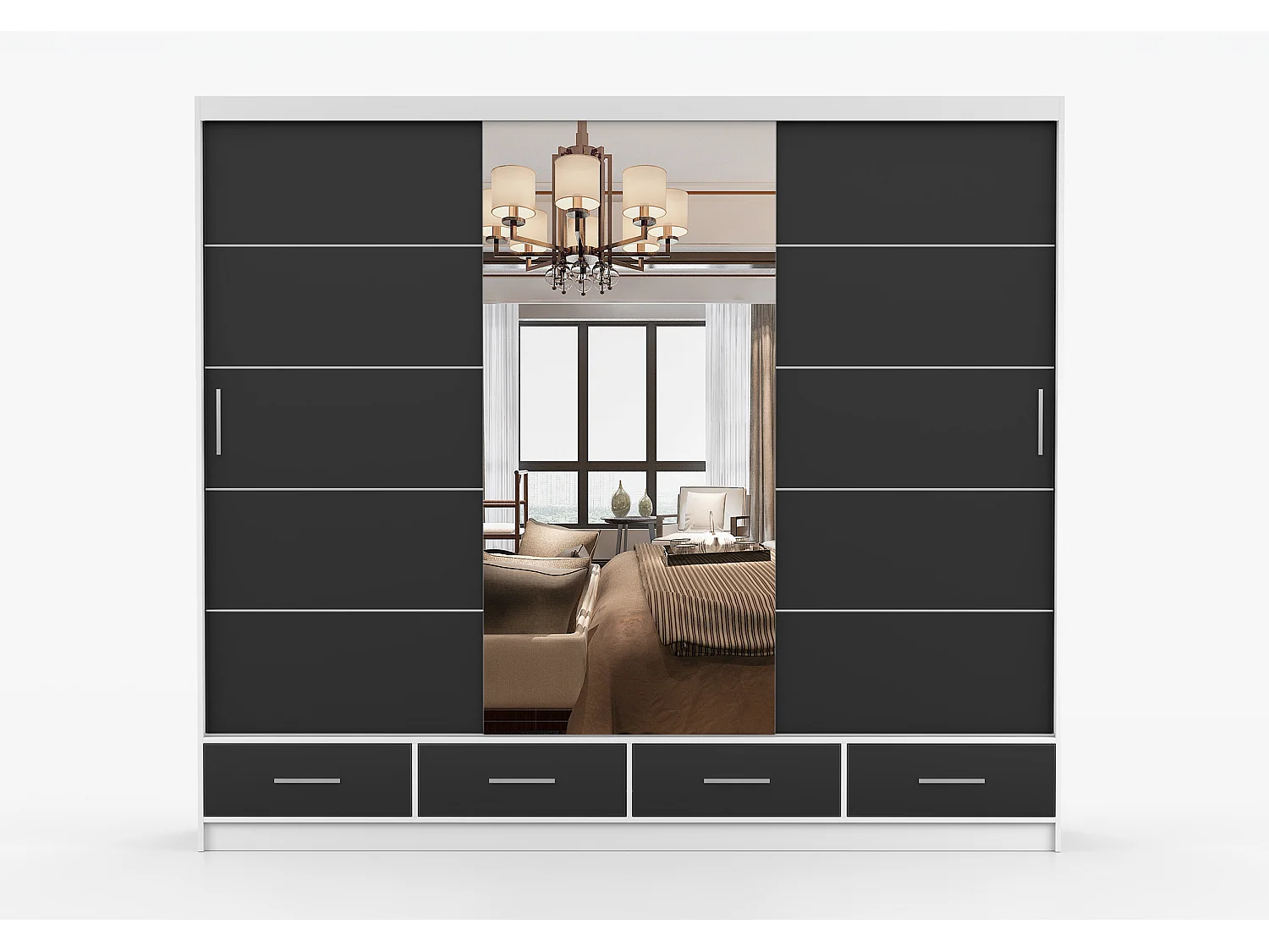 Armoire Silas 250 cm avec miroir - Blanc - Noir