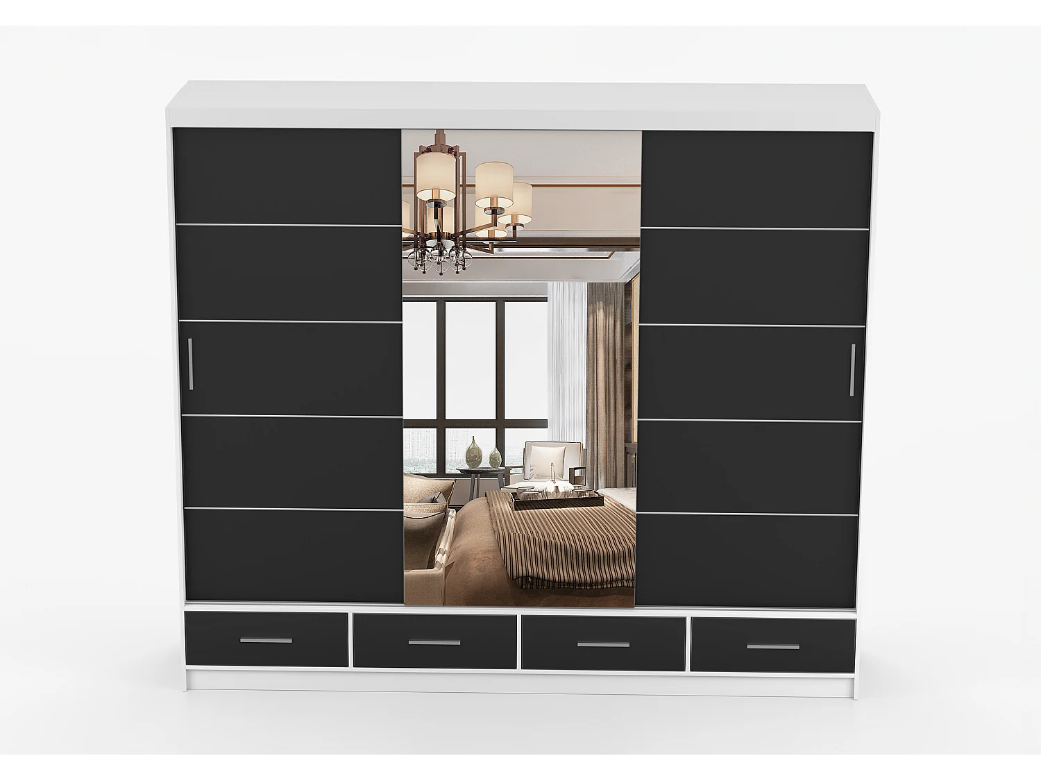 Armoire Silas 250 cm avec miroir - Blanc - Noir