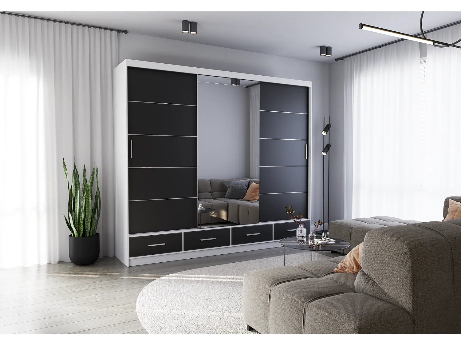 Armoire Silas 250 cm avec miroir - Blanc - Noir