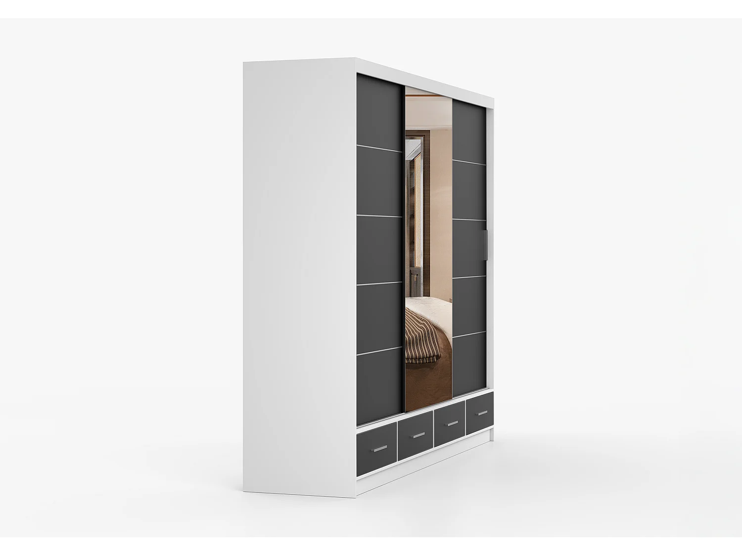 Armoire Silas 250 cm avec miroir - Blanc - Noir