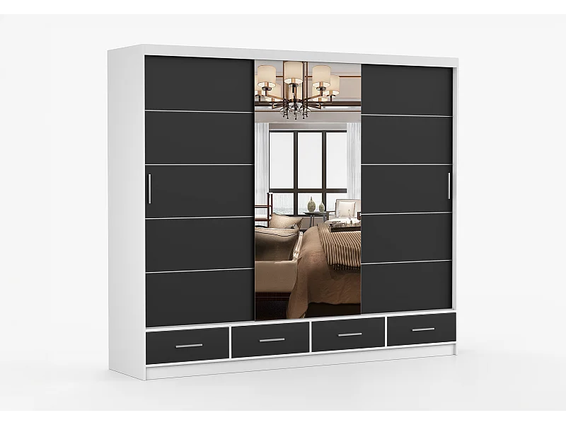 Armoire Silas 250 cm avec miroir - Blanc - Noir