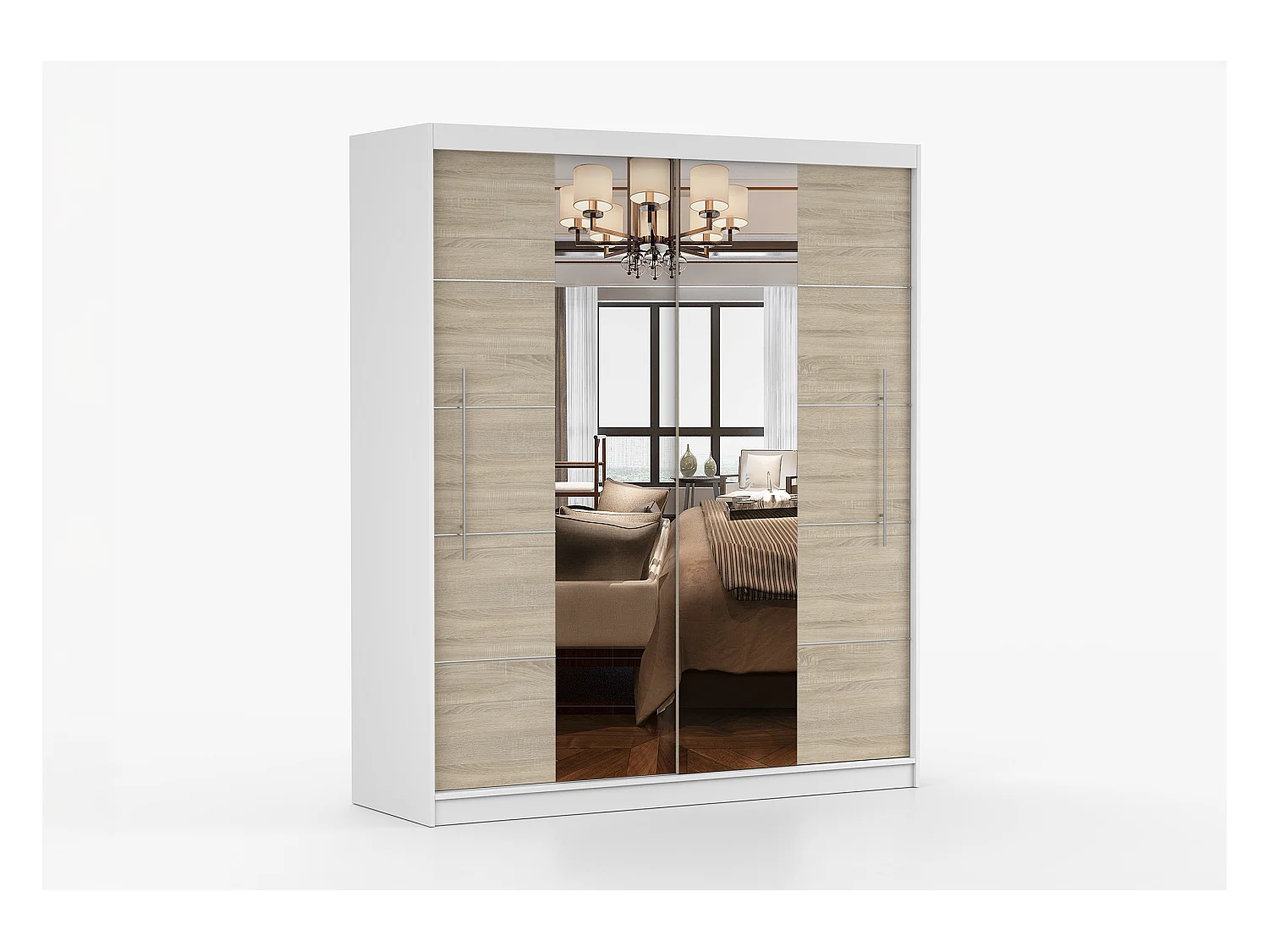 Armoire Orelia 203 cm avec miroir - Blanc - Chêne