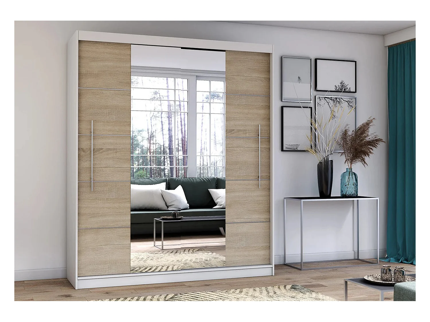 Armoire Orelia 203 cm avec miroir - Blanc - Chêne