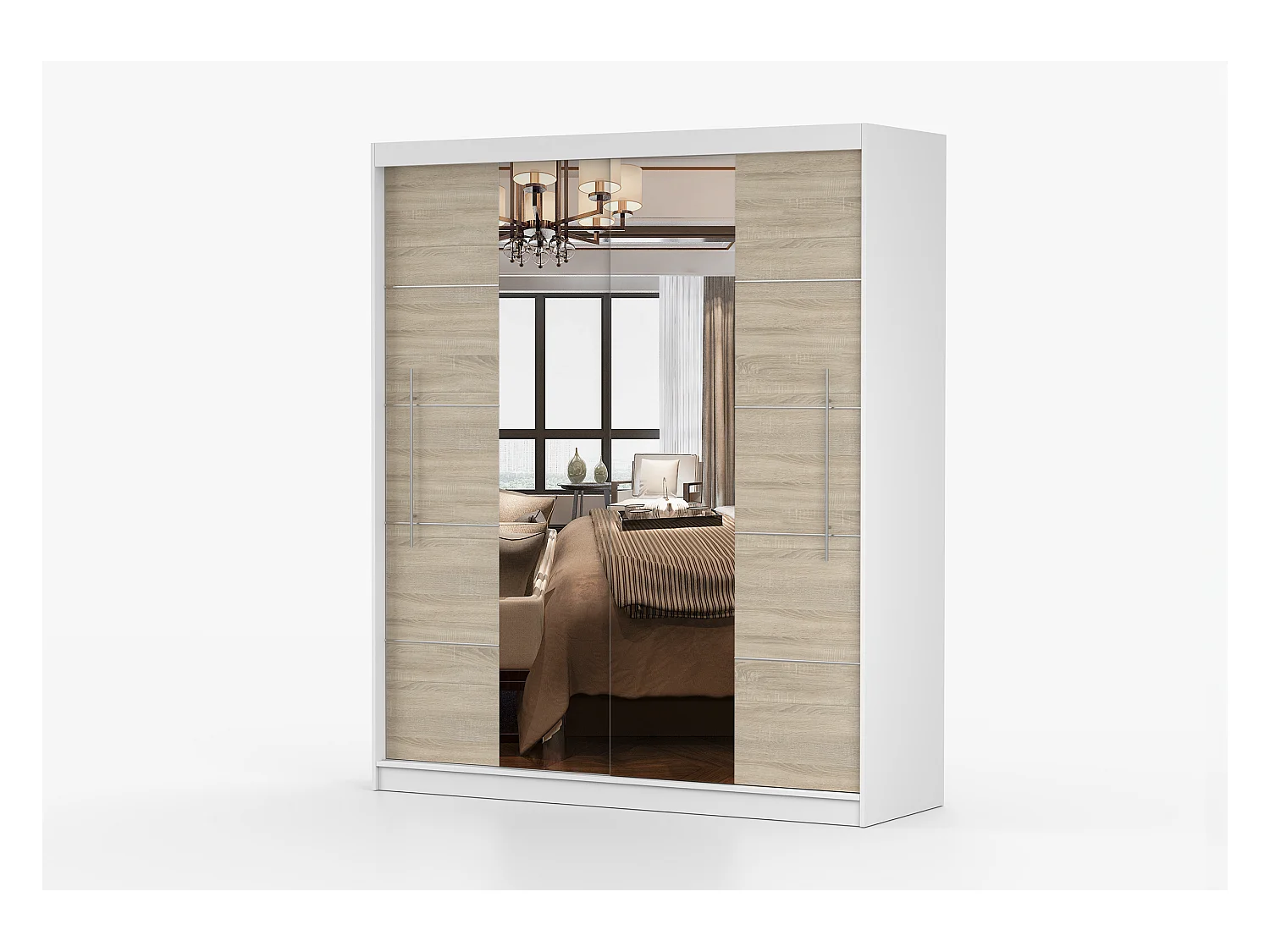 Armoire Orelia 203 cm avec miroir - Blanc - Chêne