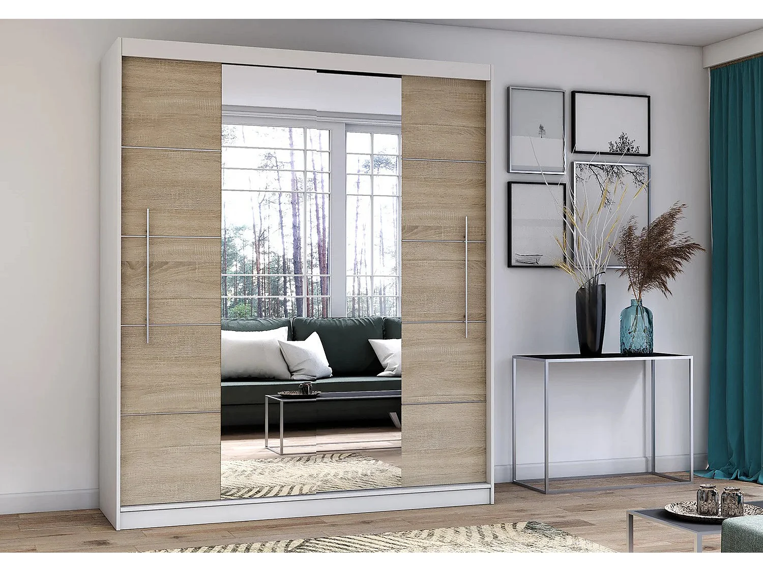 Armoire Orelia 203 cm avec miroir - Blanc - Chêne