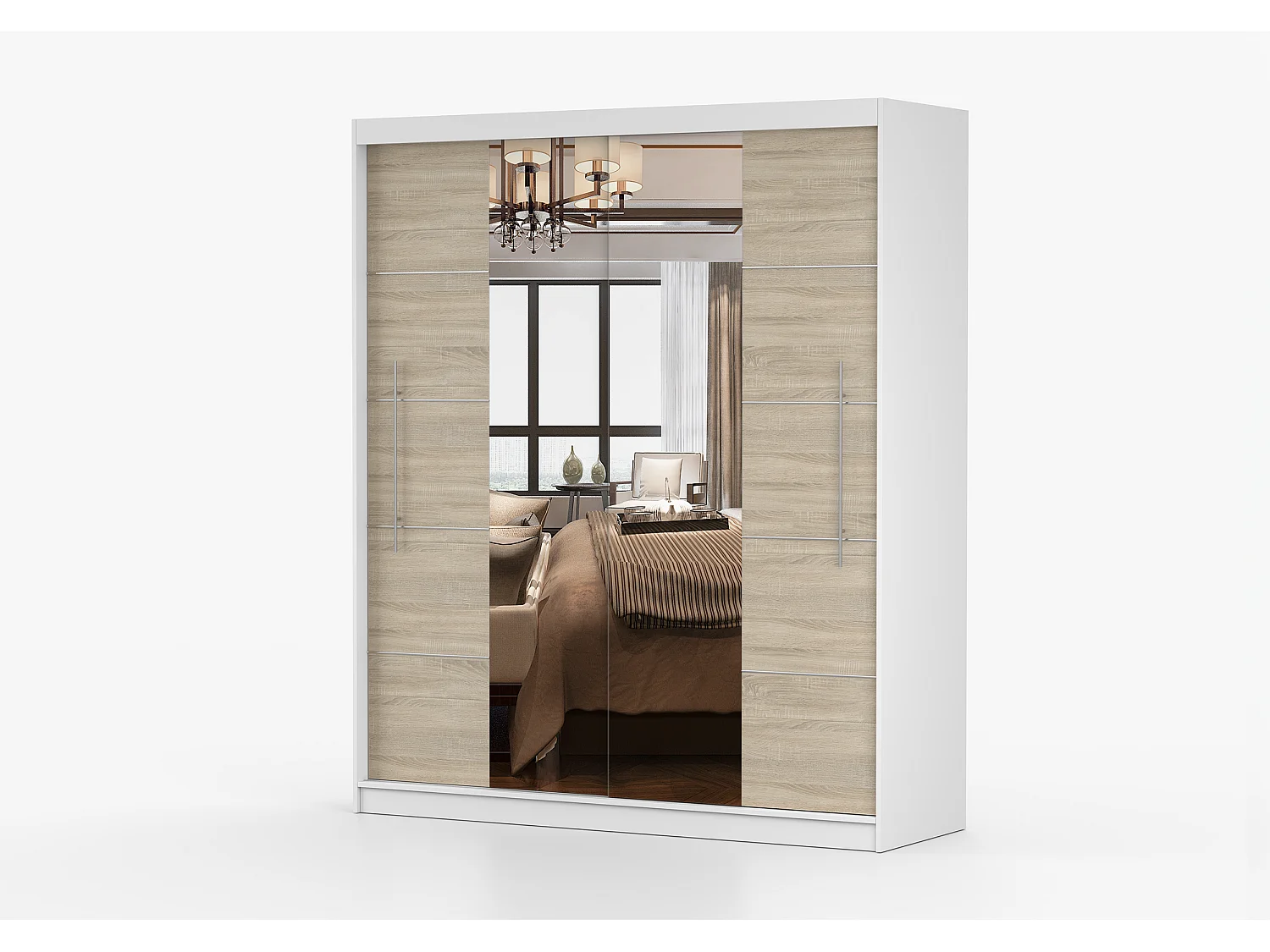 Armoire Orelia 203 cm avec miroir - Blanc - Chêne