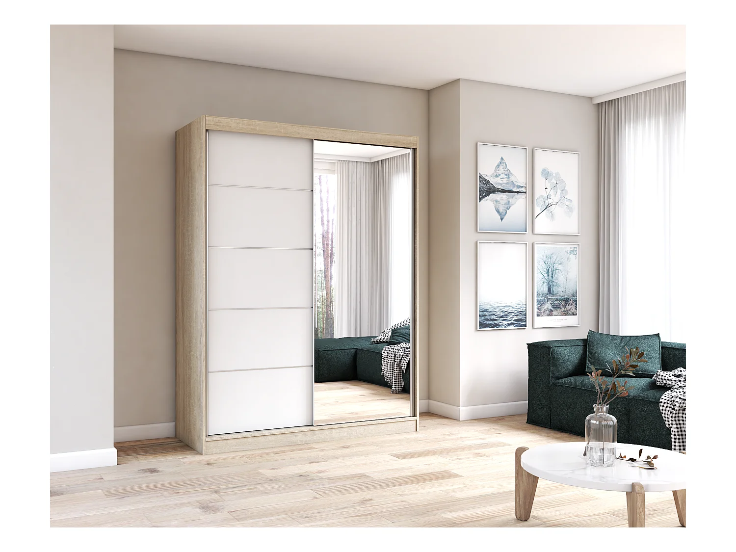 Armoire Vaiana 150 cm avec miroir - Chêne - Blanc
