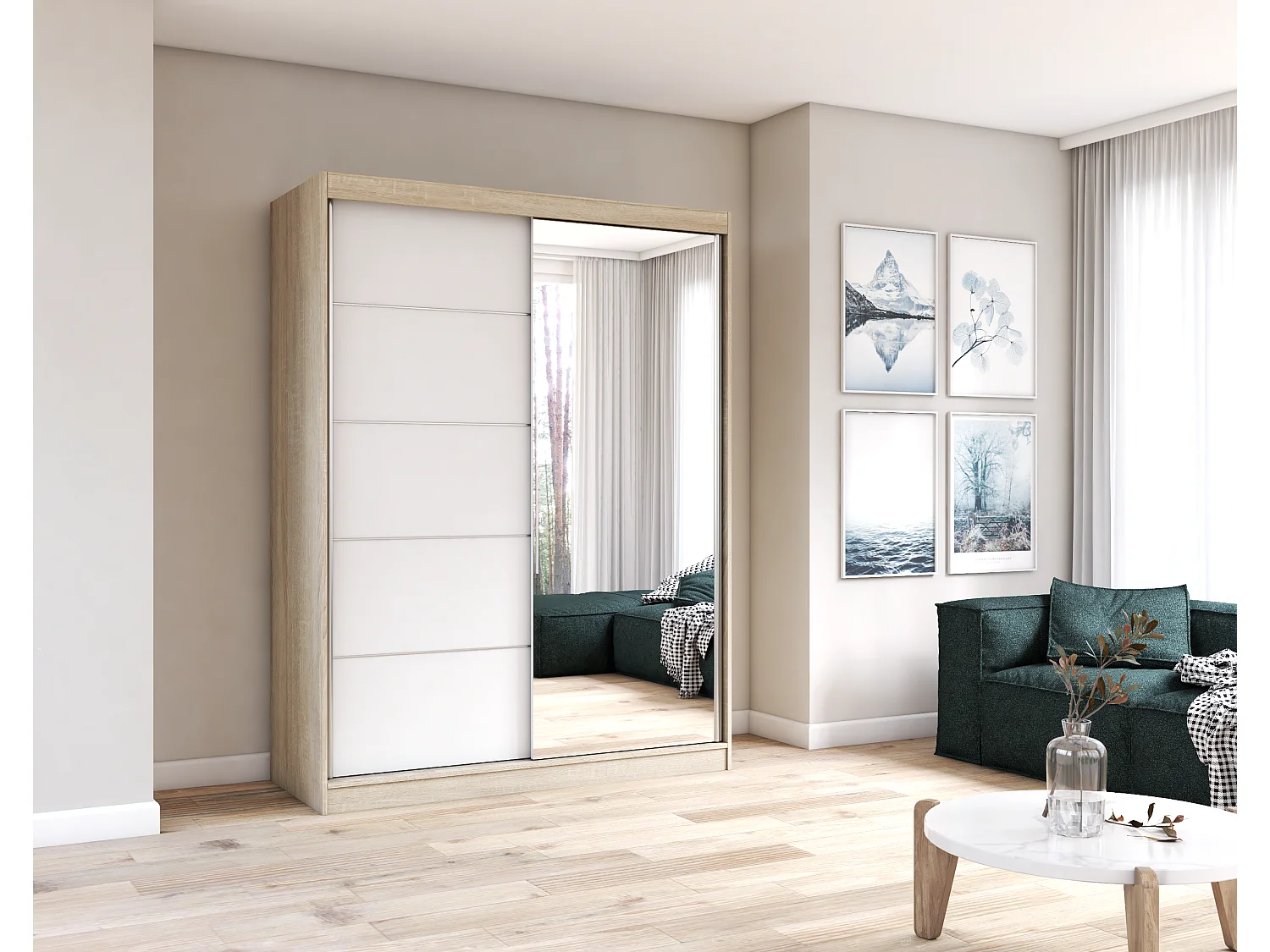 Armoire Vaiana 150 cm avec miroir - Chêne - Blanc