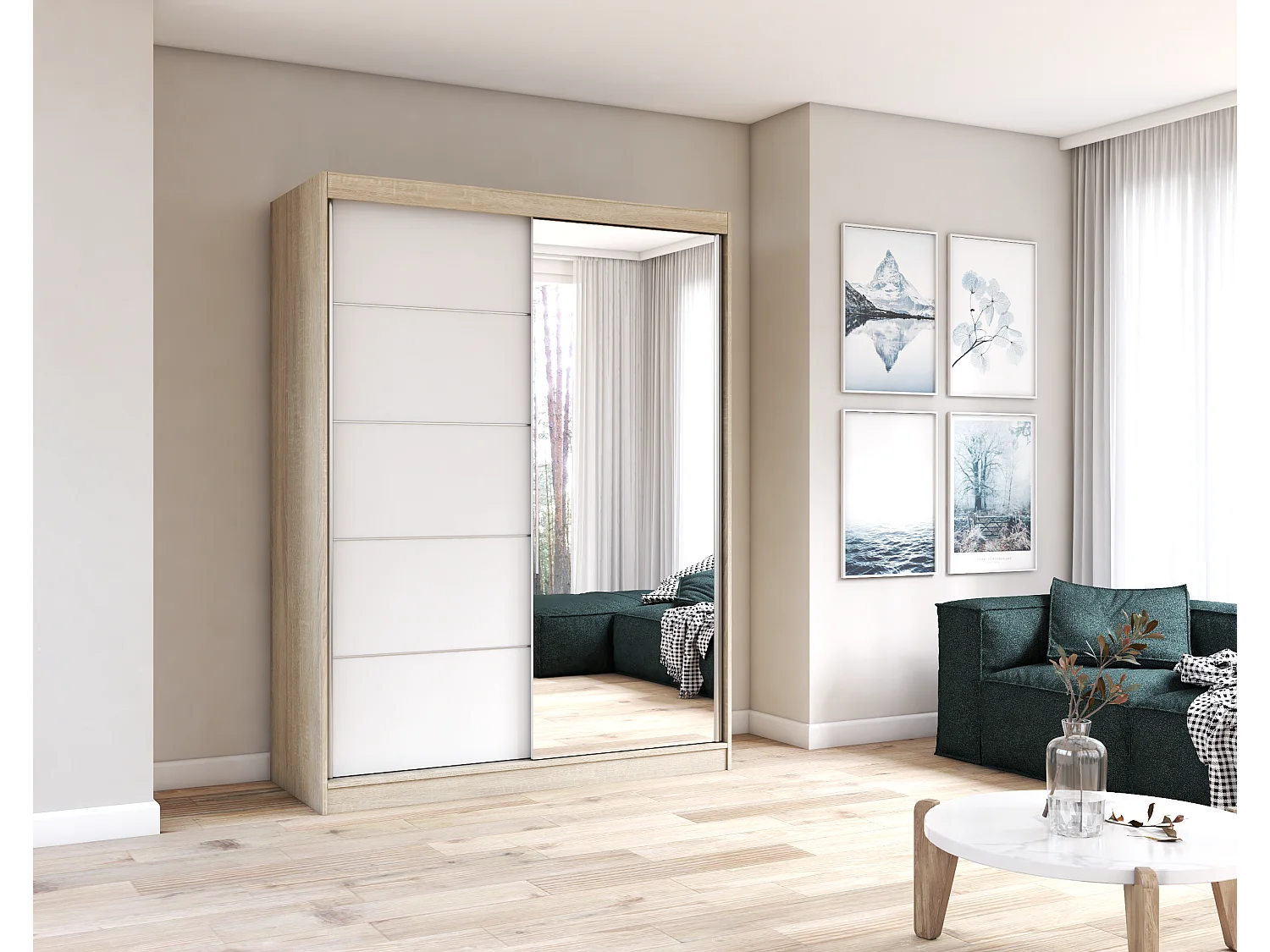 Armoire Vaiana 150 cm avec miroir - Chêne - Blanc