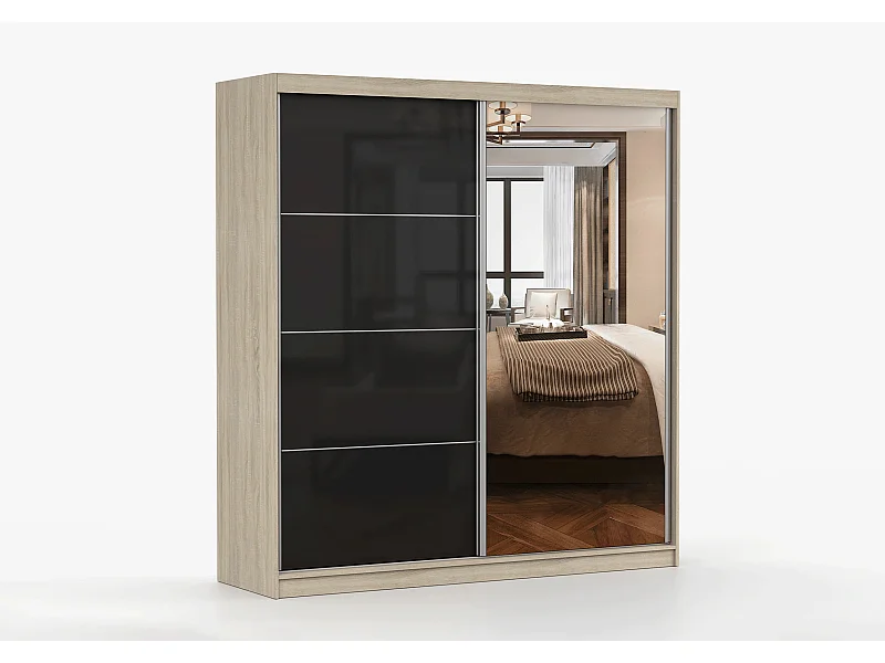Armoire Calypso 203 cm avec miroir - Chêne - Noir