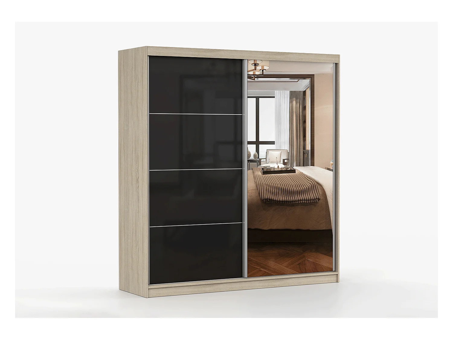 Armoire Calypso 203 cm avec miroir - Chêne - Noir