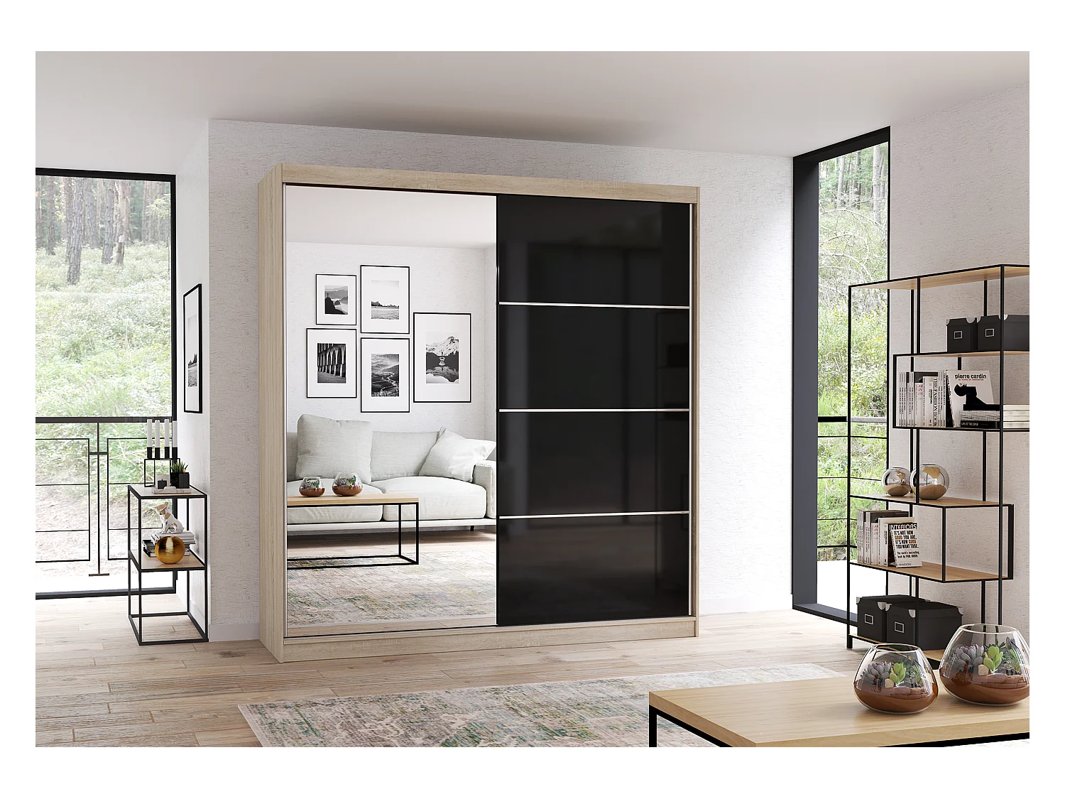 Armoire Calypso 203 cm avec miroir - Chêne - Noir