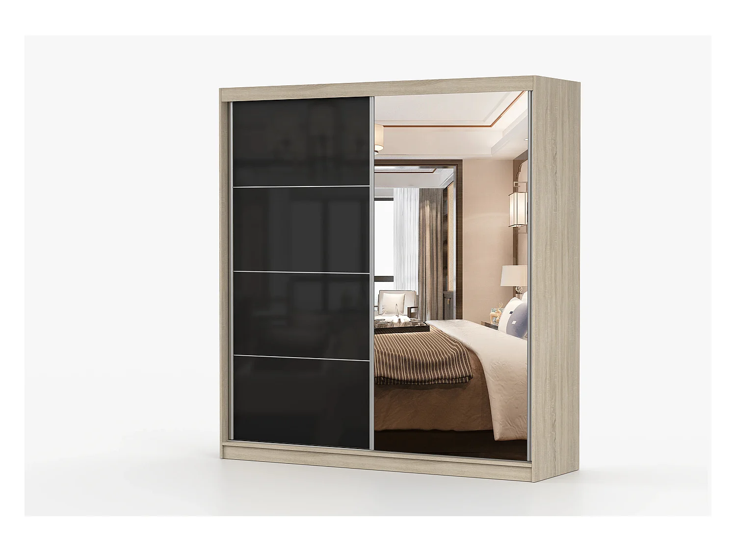 Armoire Calypso 203 cm avec miroir - Chêne - Noir
