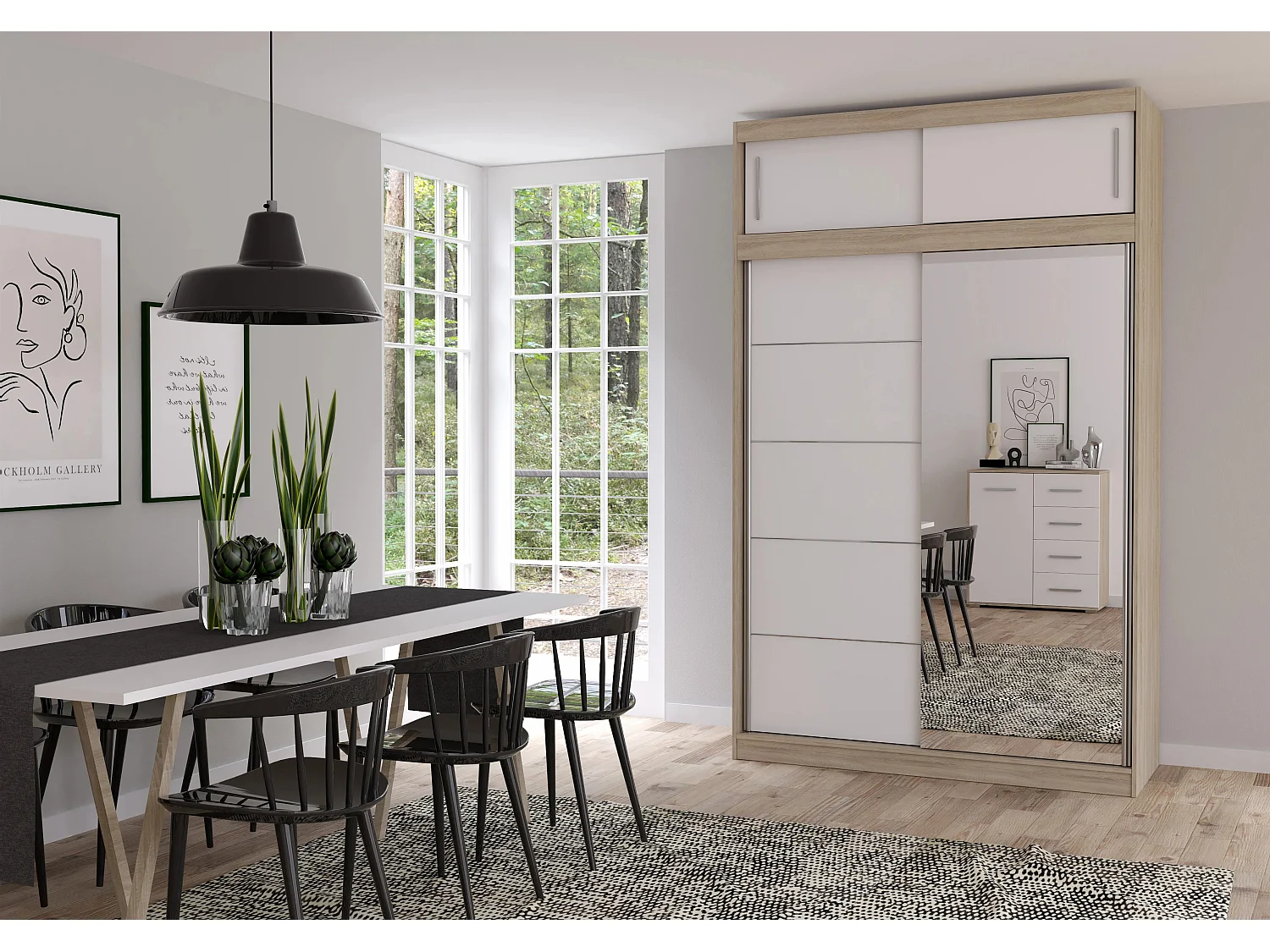 Armoire avec extension Faella 150 cm avec miroir - Chêne - Blanc