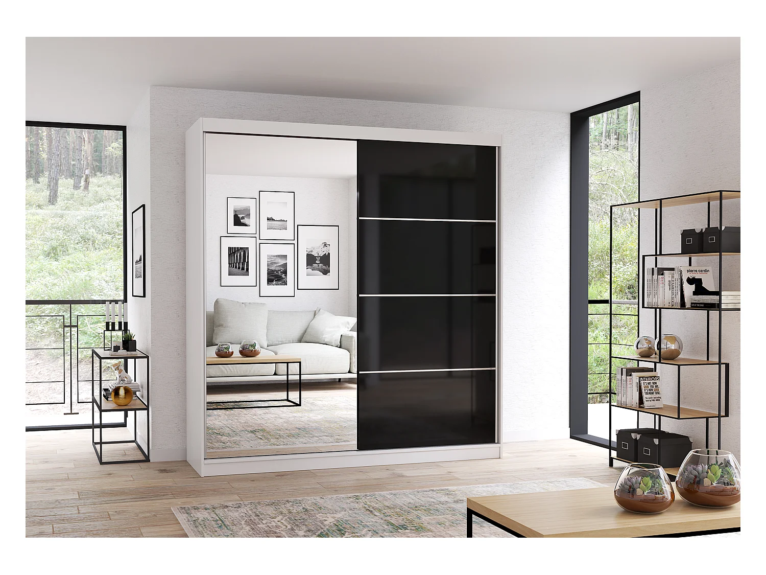 Armoire Calypso 203 cm avec miroir - Blanc - Noir