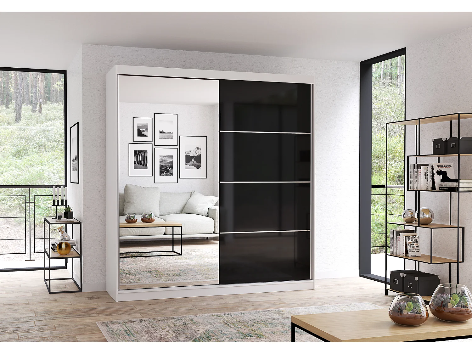 Armoire Calypso 203 cm avec miroir - Blanc - Noir