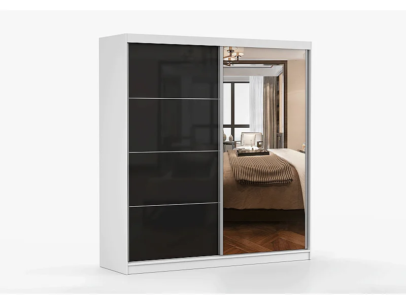 Armoire Calypso 203 cm avec miroir - Blanc - Noir