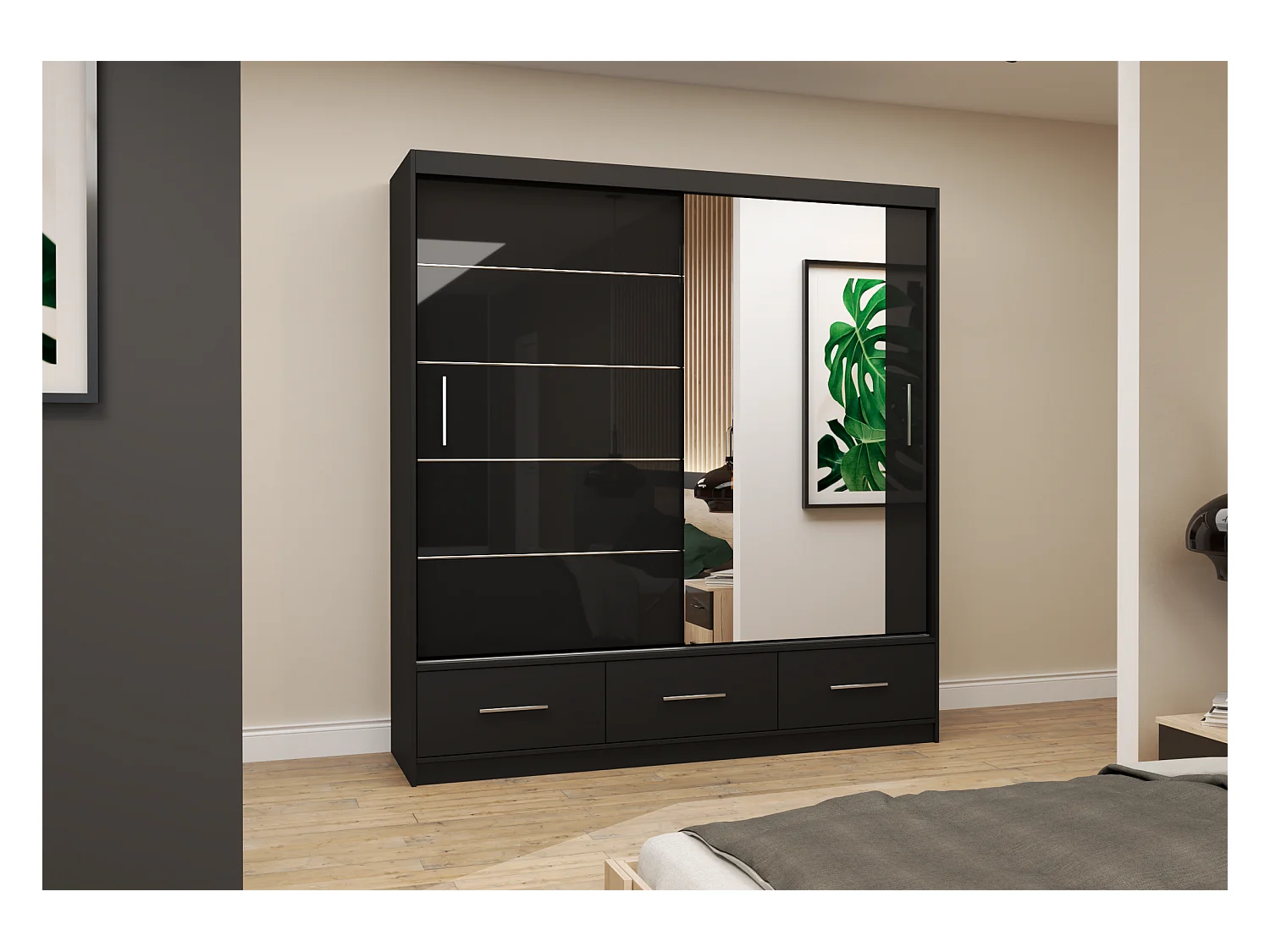 Armoire Sylar 203 cm avec miroir - Noir