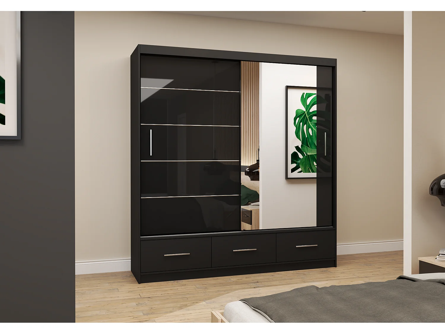 Armoire Sylar 203 cm avec miroir - Noir