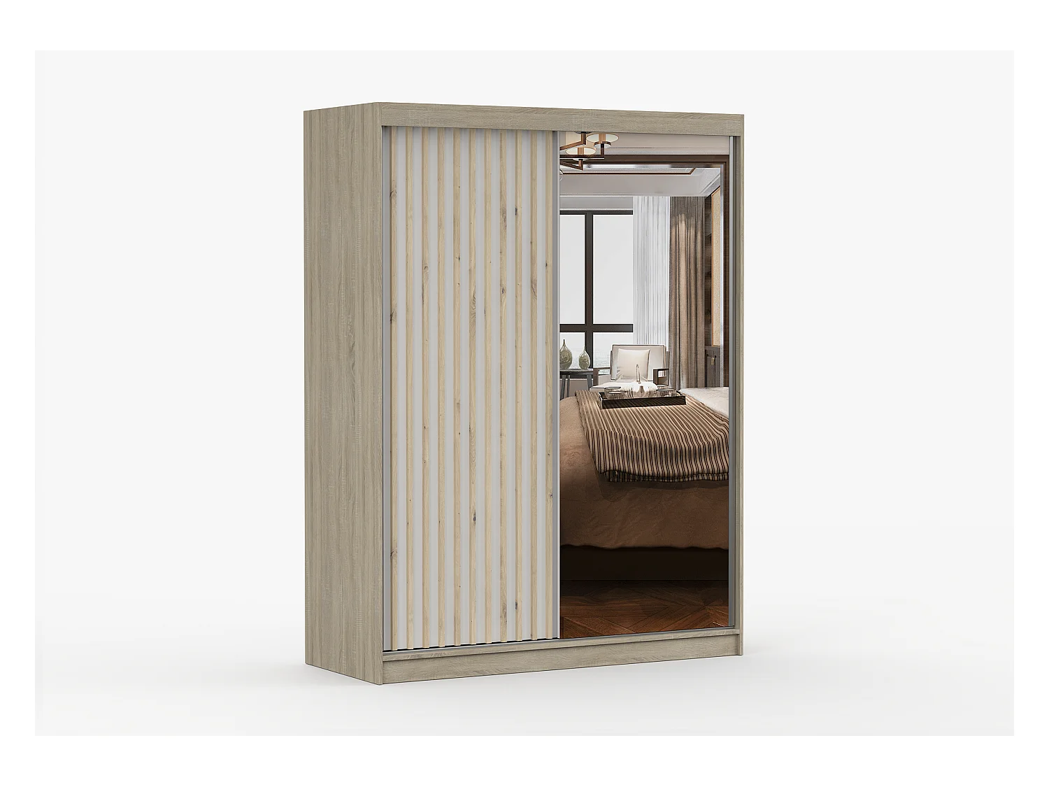 Armoire Zinaé 150 cm avec miroir - Chêne - Blanc