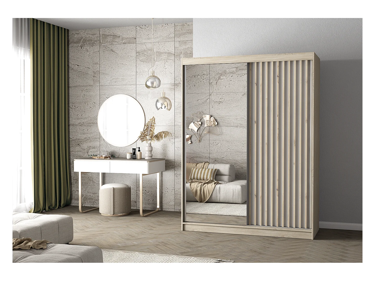 Armoire Zinaé 150 cm avec miroir - Chêne - Blanc
