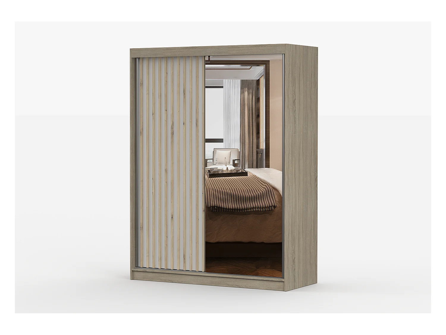 Armoire Zinaé 150 cm avec miroir - Chêne - Blanc