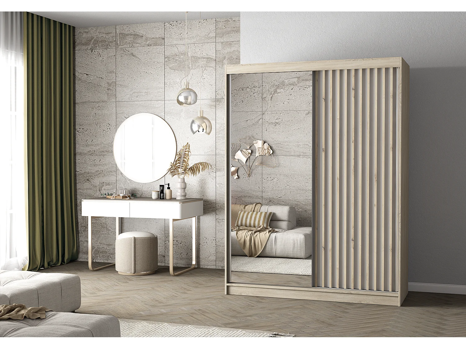 Armoire Zinaé 150 cm avec miroir - Chêne - Blanc