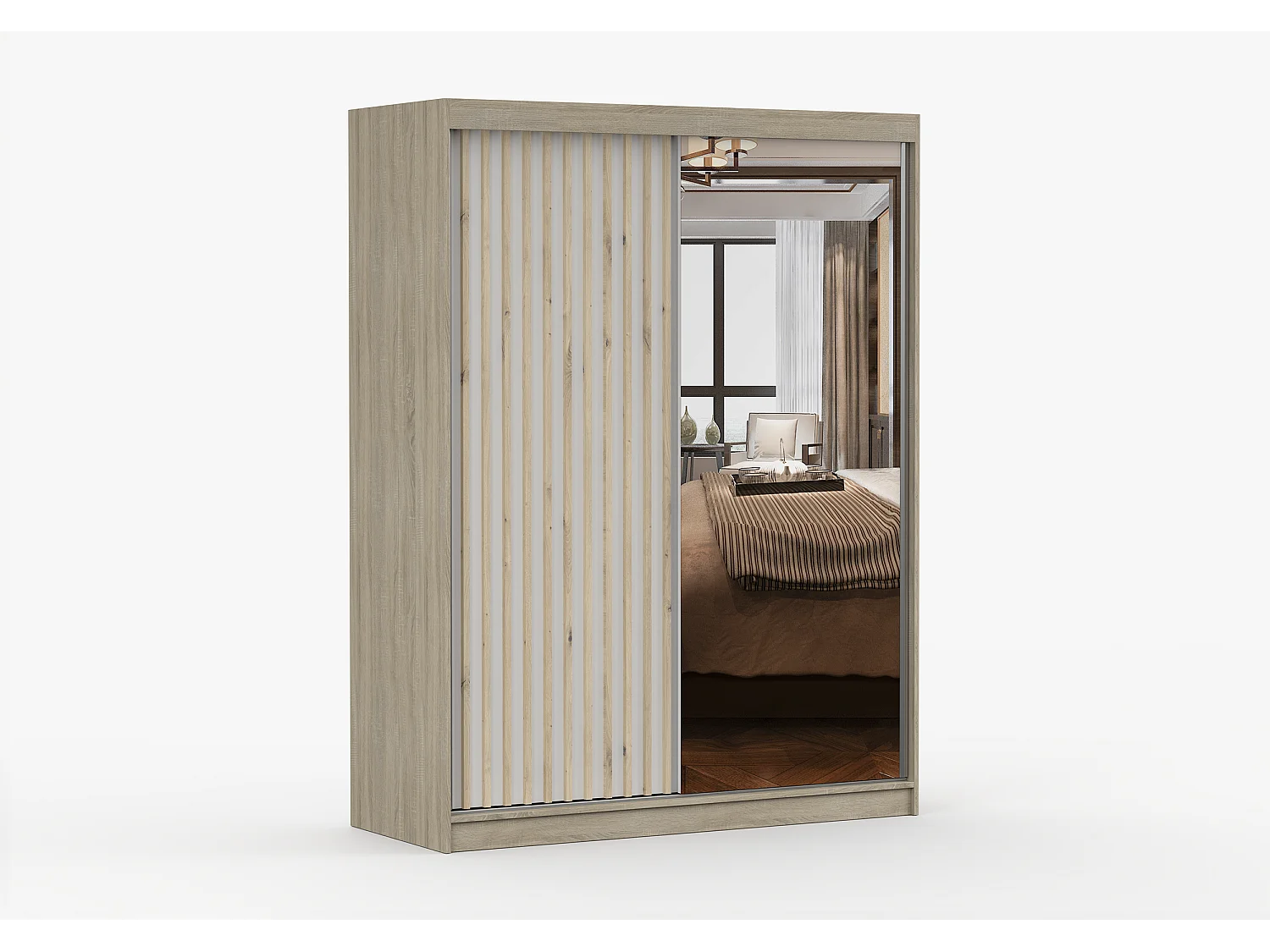 Armoire Zinaé 150 cm avec miroir - Chêne - Blanc