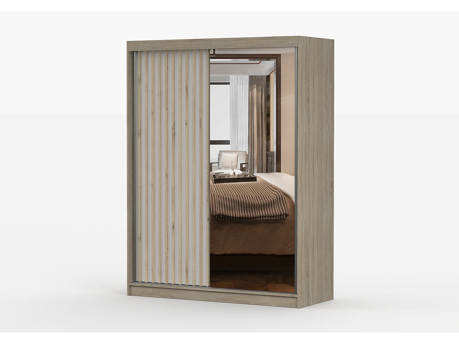 Armoire Zinaé 150 cm avec miroir - Chêne - Blanc