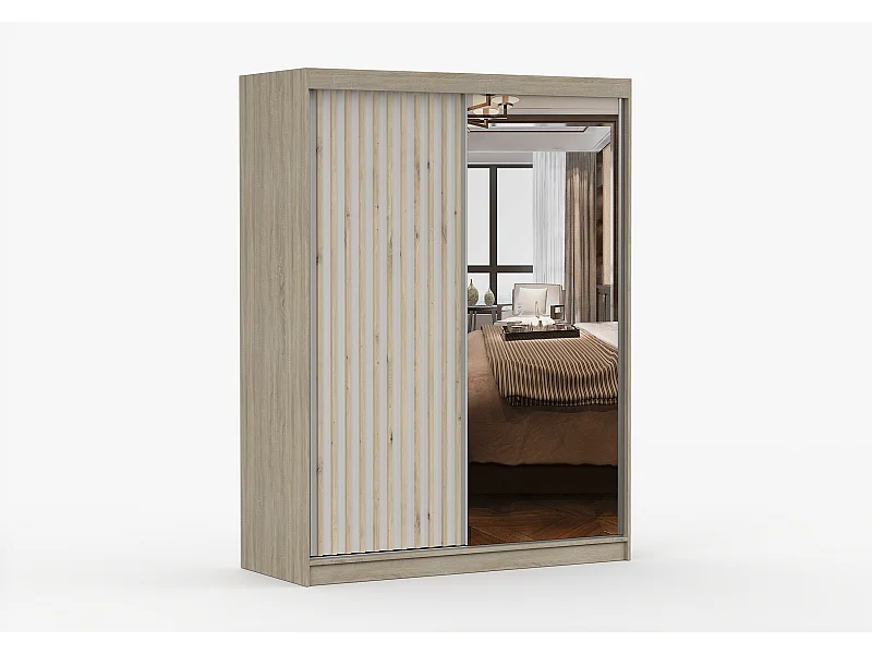 Armoire Zinaé 150 cm avec miroir - Chêne - Blanc