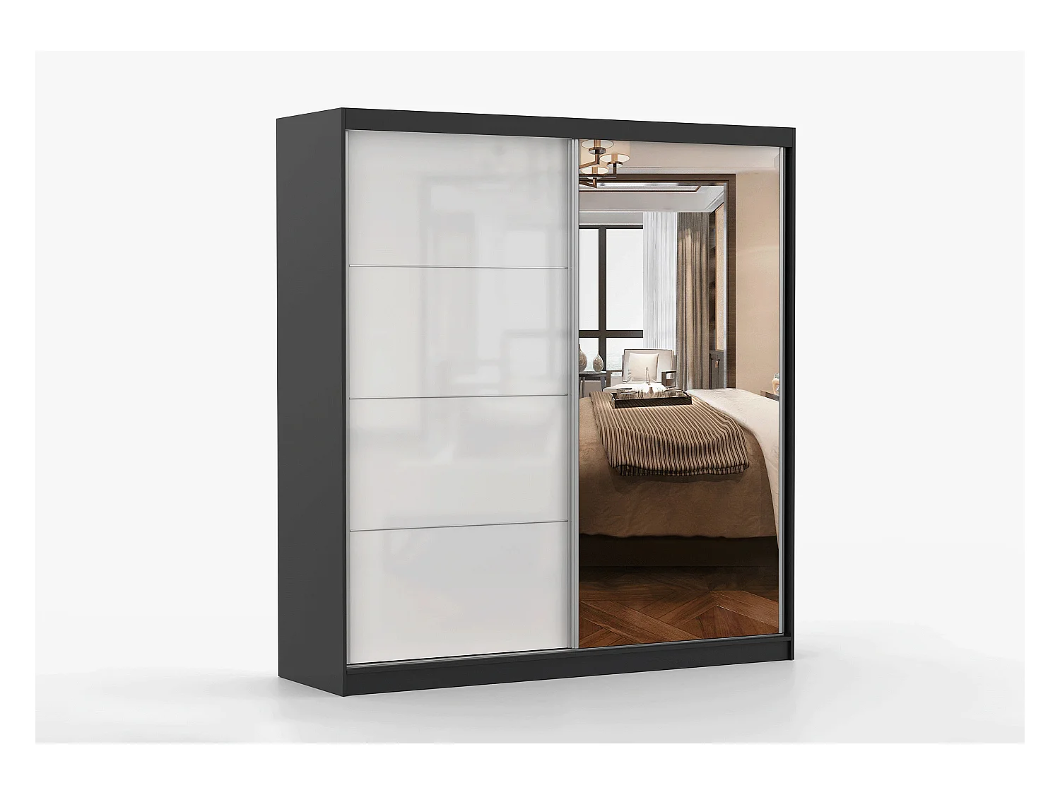 Armoire Séphira 203 cm avec miroir - Noir - Blanc