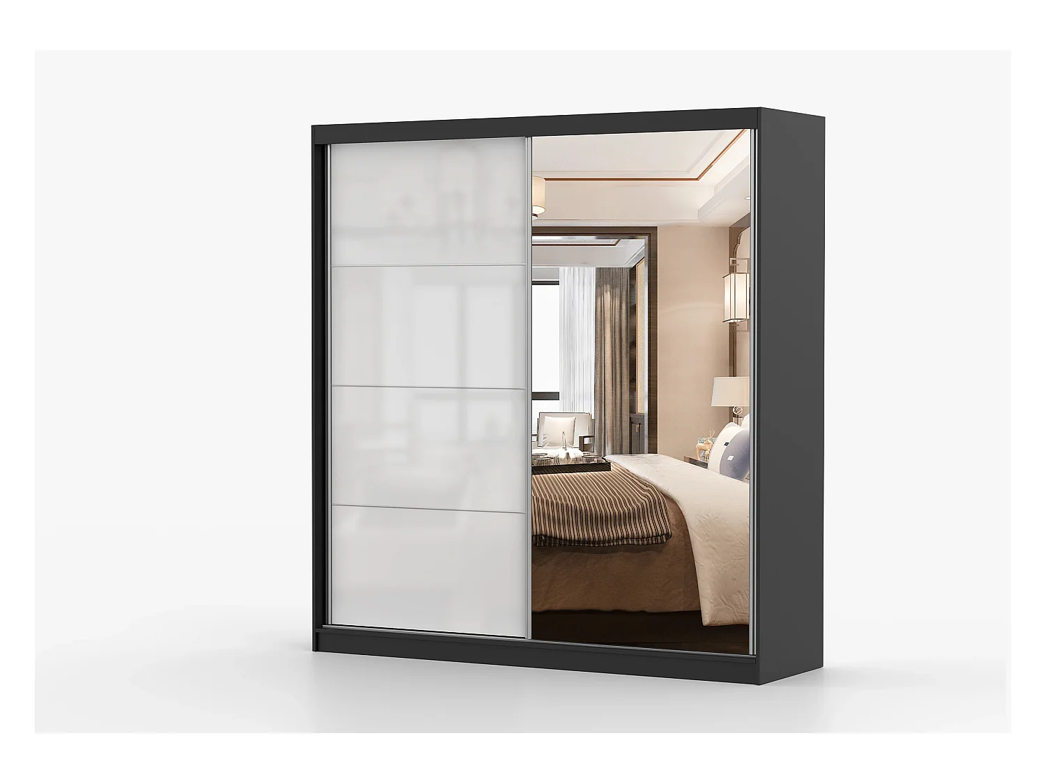 Armoire Séphira 203 cm avec miroir - Noir - Blanc
