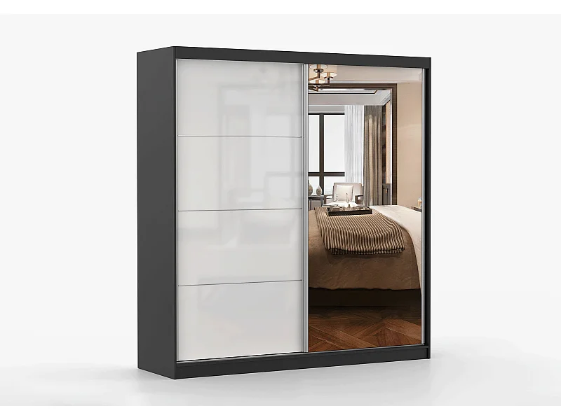 Armoire Séphira 203 cm avec miroir - Noir - Blanc
