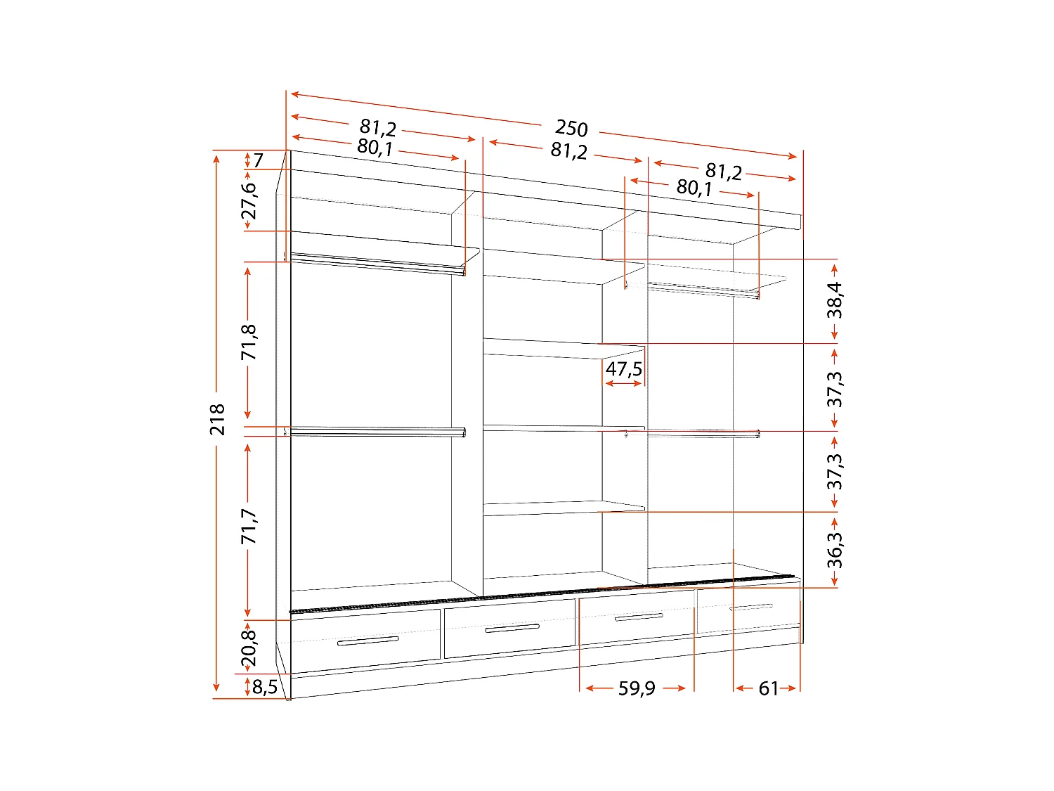 Armoire Soren 250 cm avec miroir - Blanc