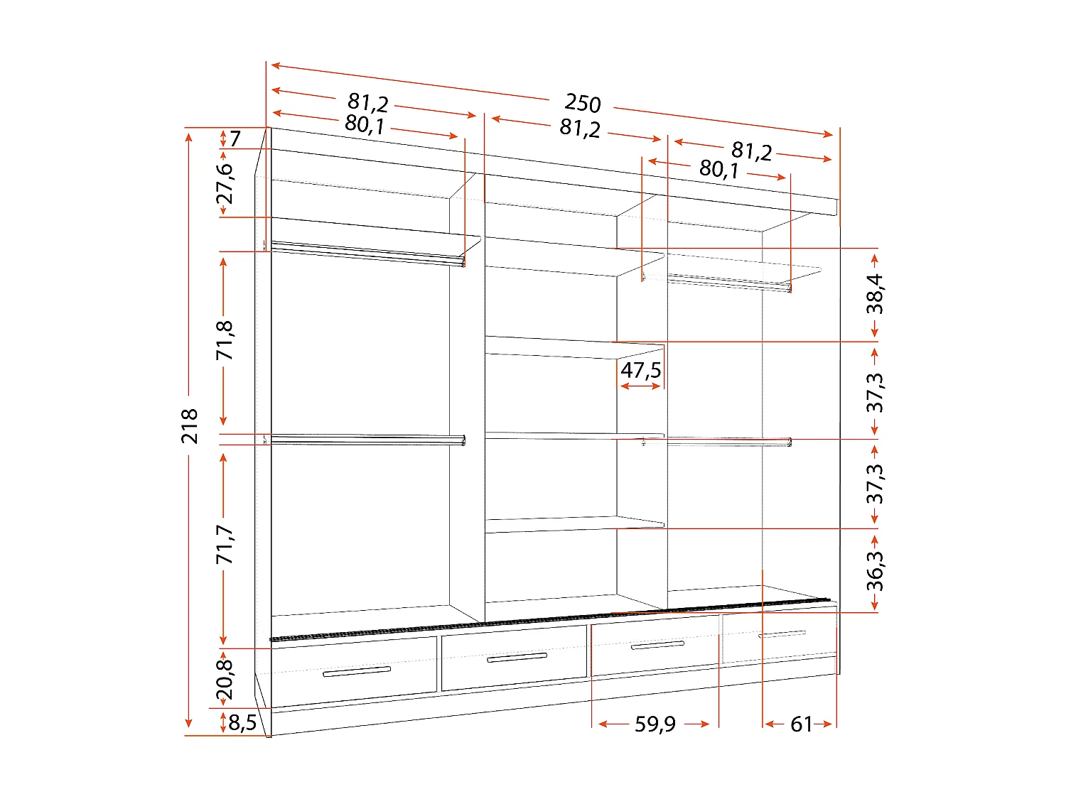 Armoire Soren 250 cm avec miroir - Blanc