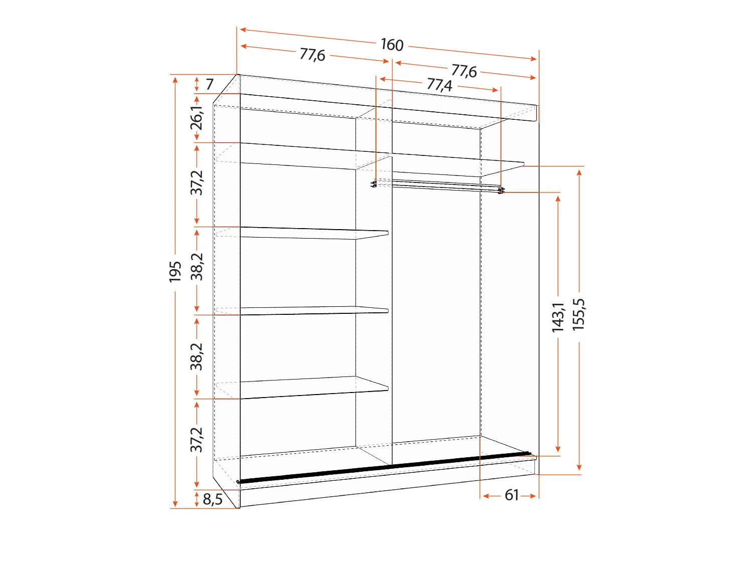 Armoire Ondine 160 cm avec miroir - Blanc