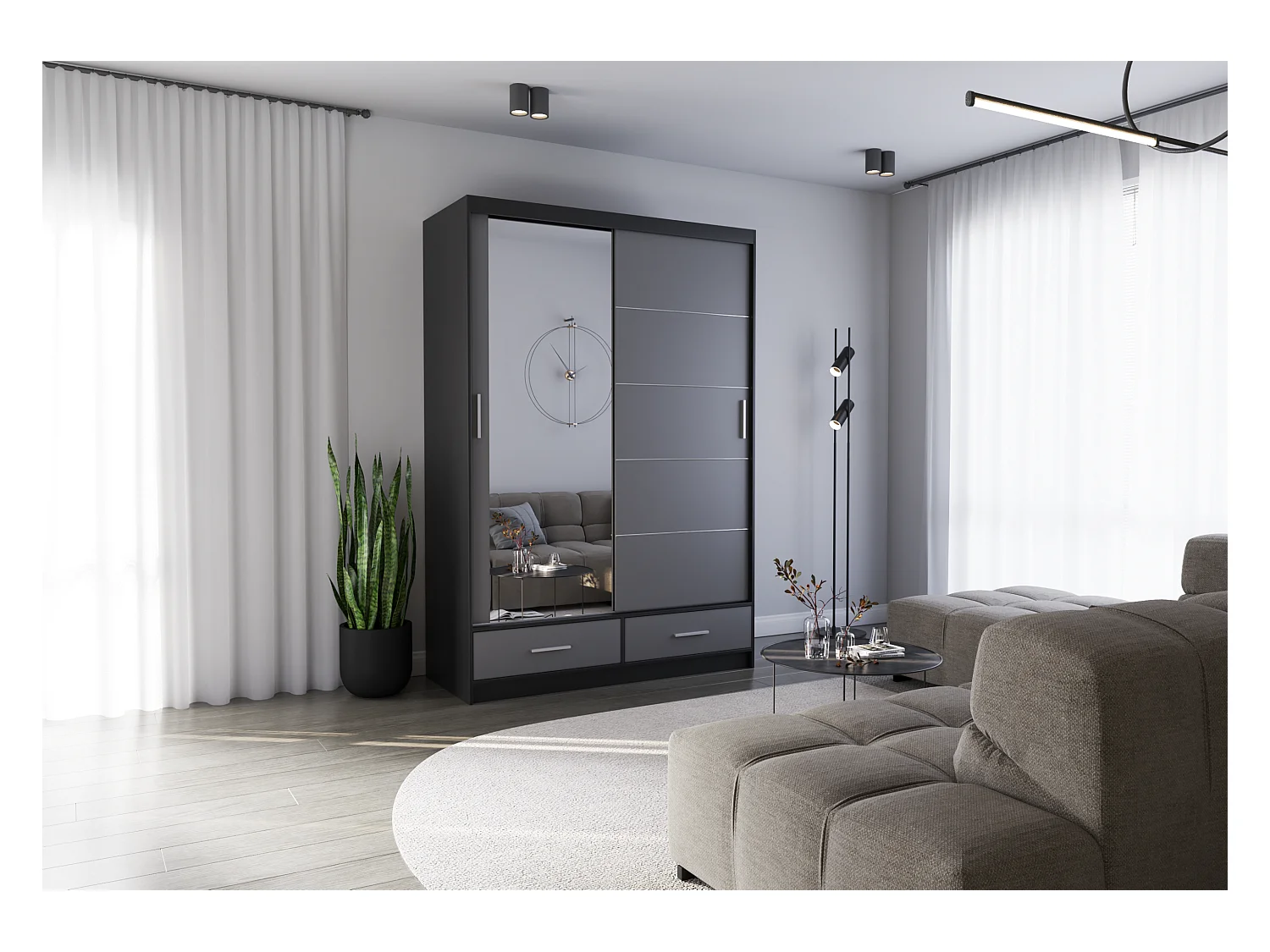 Armoire Silvana 150 cm avec miroir - Noir - Gris