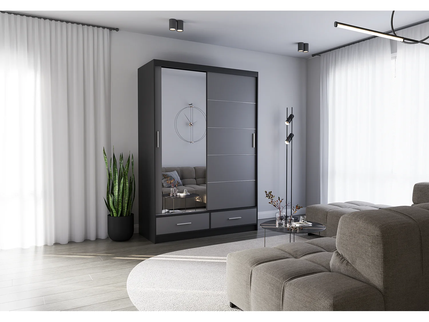 Armoire Silvana 150 cm avec miroir - Noir - Gris