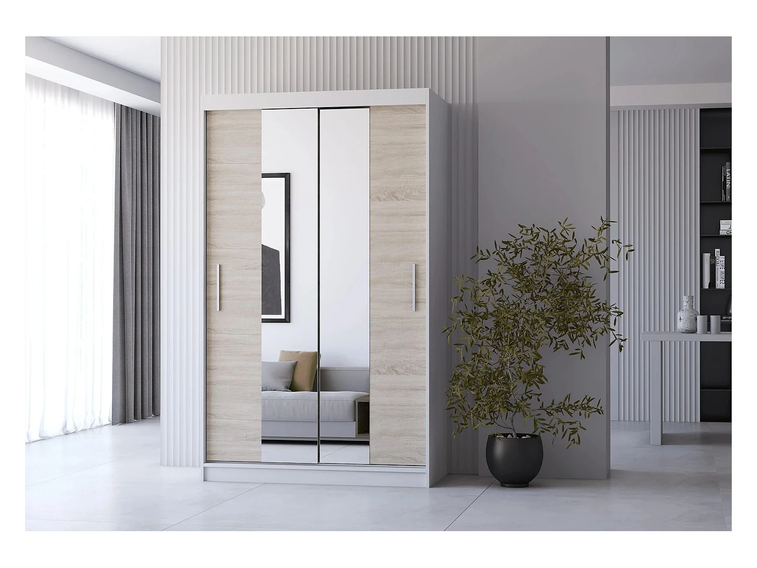 Armoire Danaé 120 cm avec miroir - Blanc - Chêne