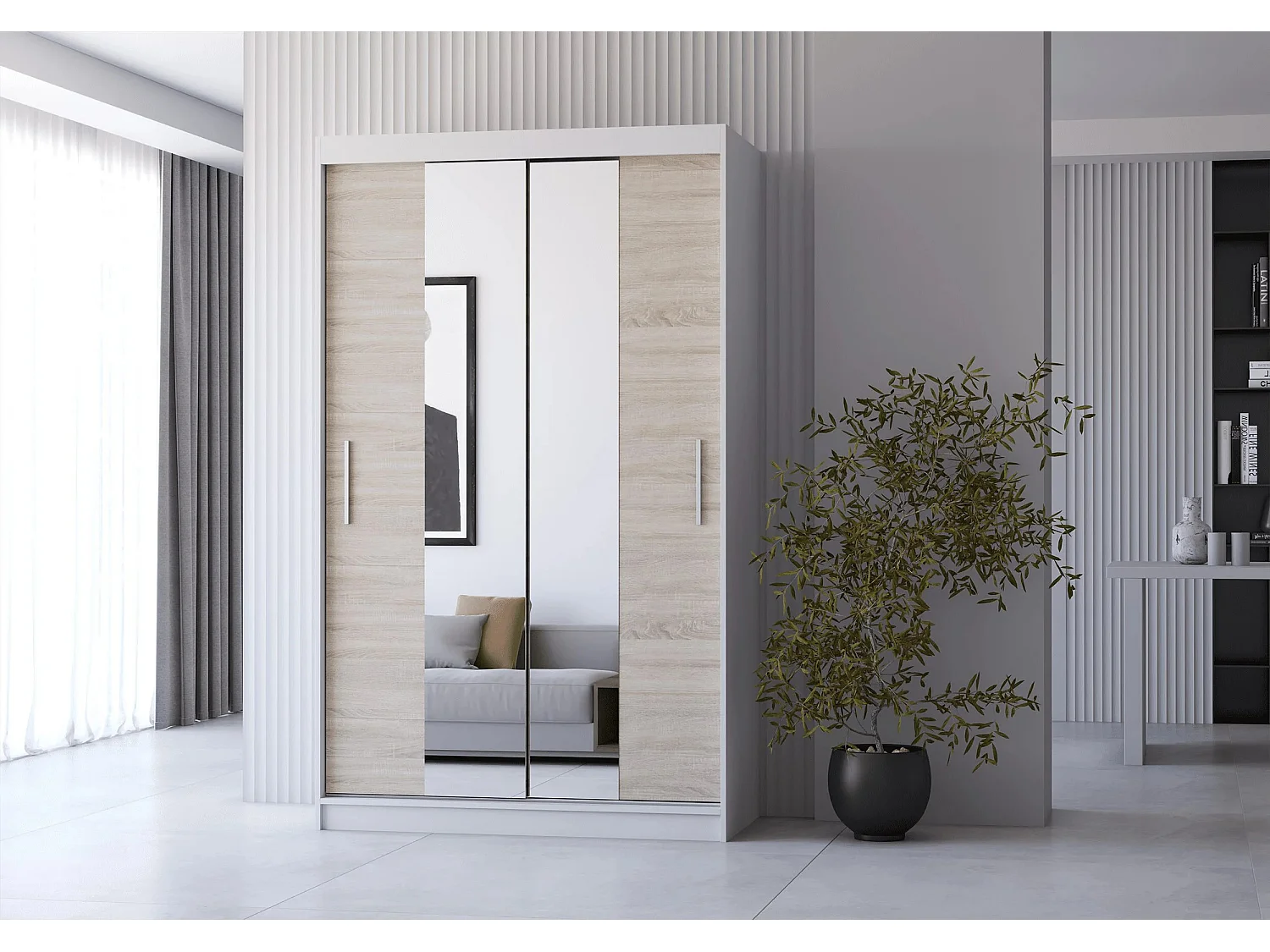 Armoire Danaé 120 cm avec miroir - Blanc - Chêne