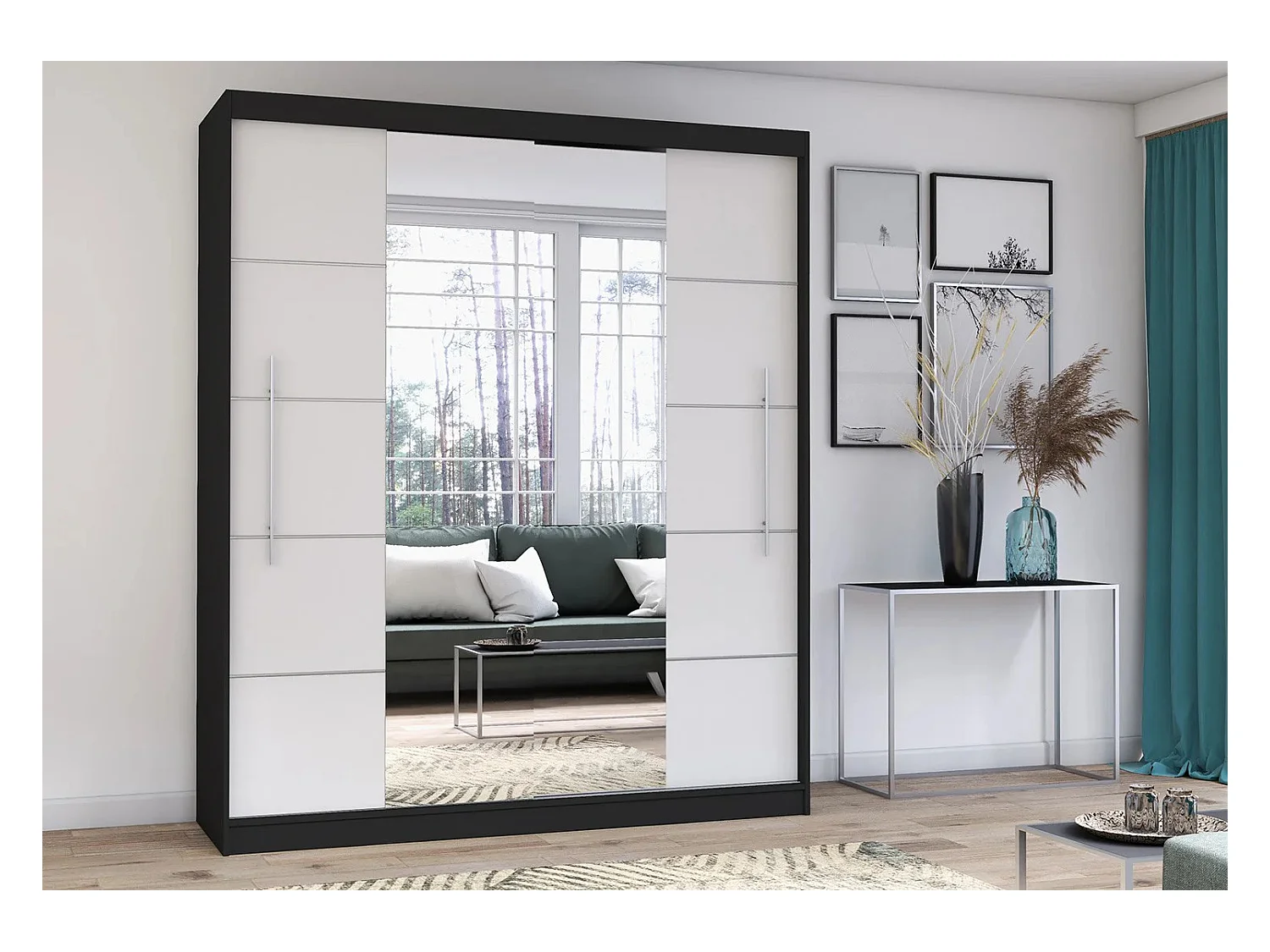 Armoire Orelia 203 cm avec miroir - Noir - Blanc