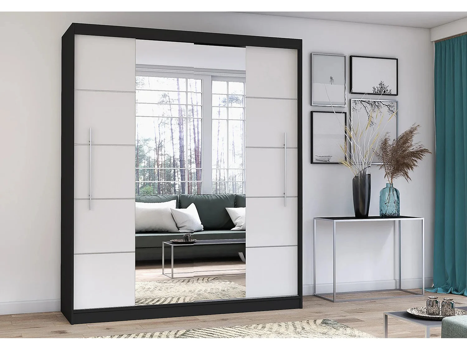 Armoire Orelia 203 cm avec miroir - Noir - Blanc