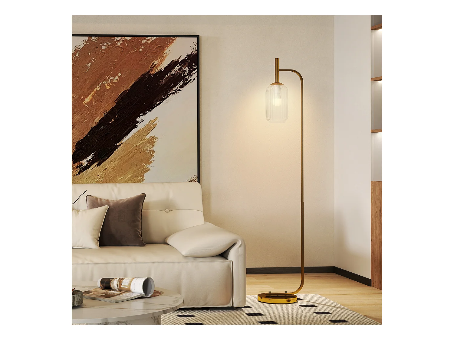 Lampadaire sur pied style rétro H.153 cm piètement mât métal doré abat-jour verre texturé