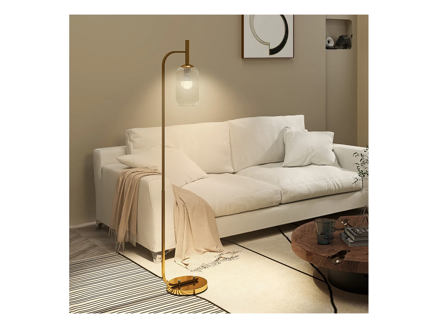 Lampadaire sur pied style rétro H.153 cm piètement mât métal doré abat-jour verre texturé