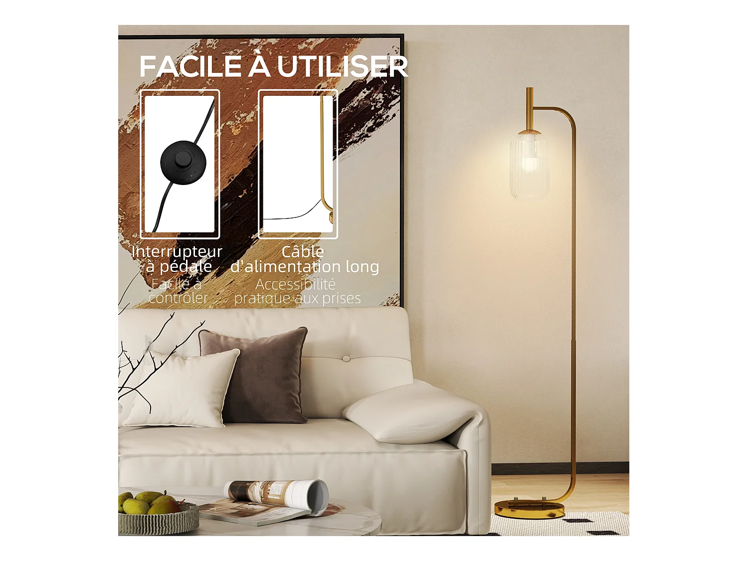 Lampadaire sur pied style rétro H.153 cm piètement mât métal doré abat-jour verre texturé