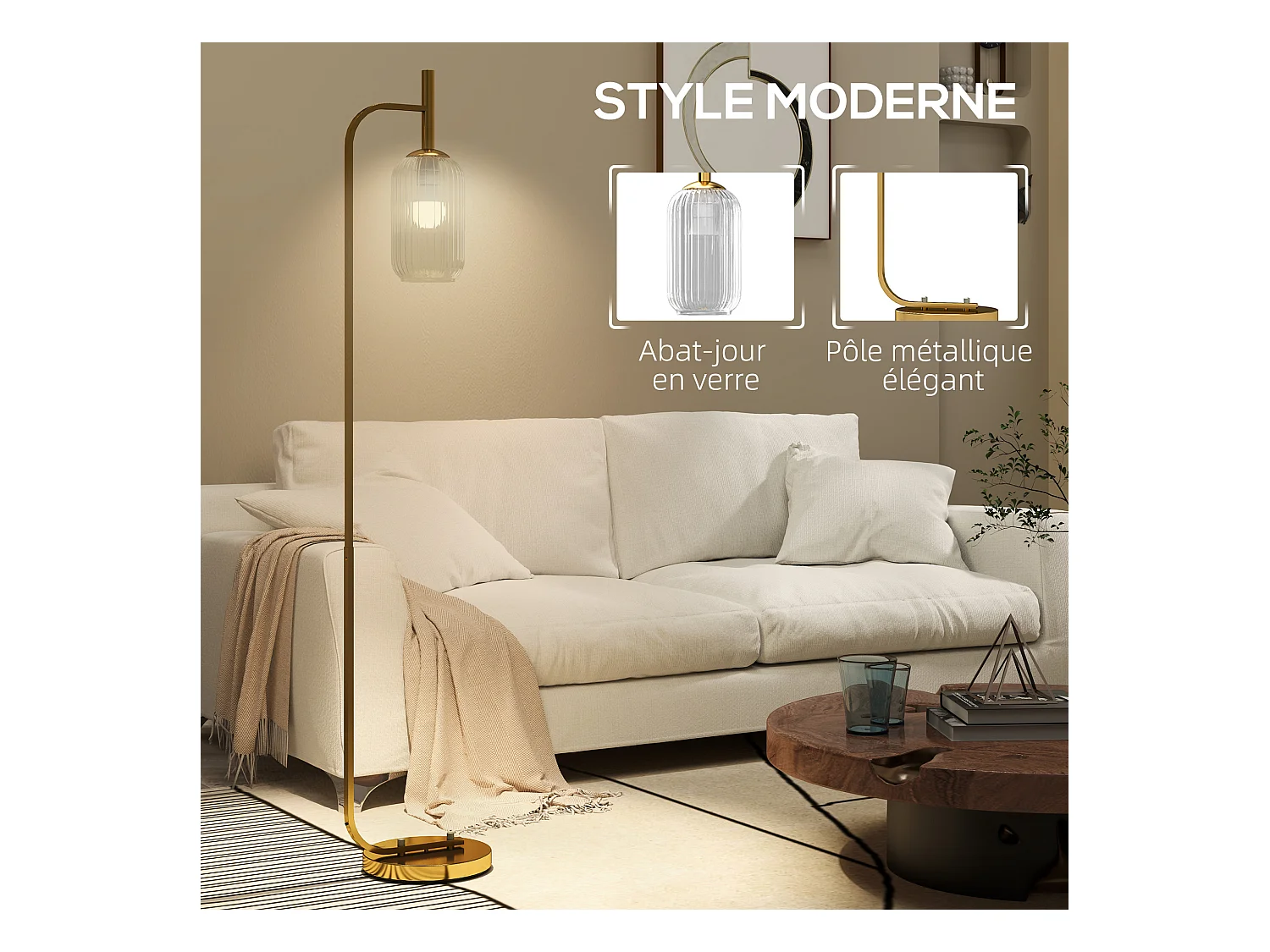 Lampadaire sur pied style rétro H.153 cm piètement mât métal doré abat-jour verre texturé